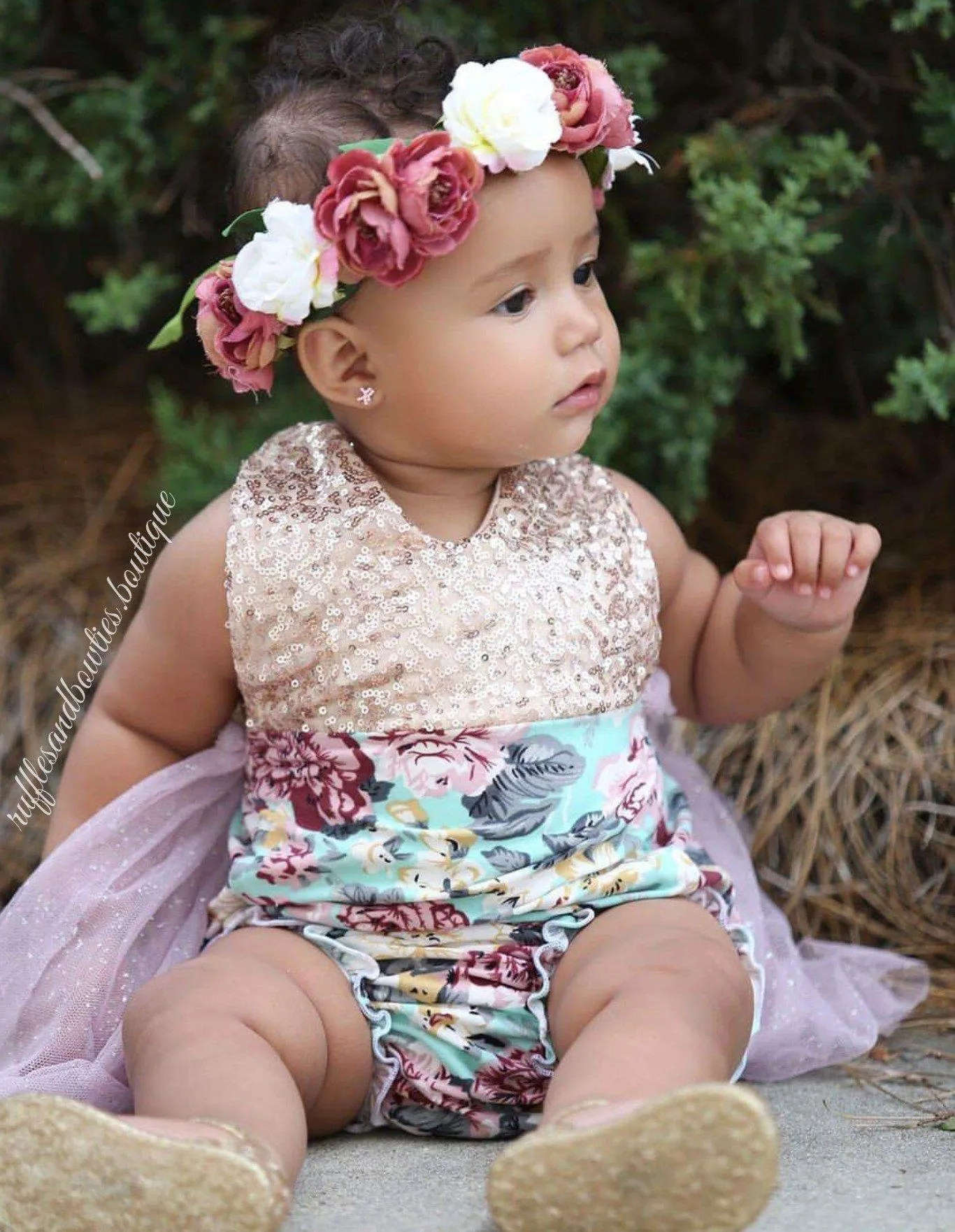 Aqua, Dusty Mauve & Gold Sequin Floral Vintage Tutu Romper