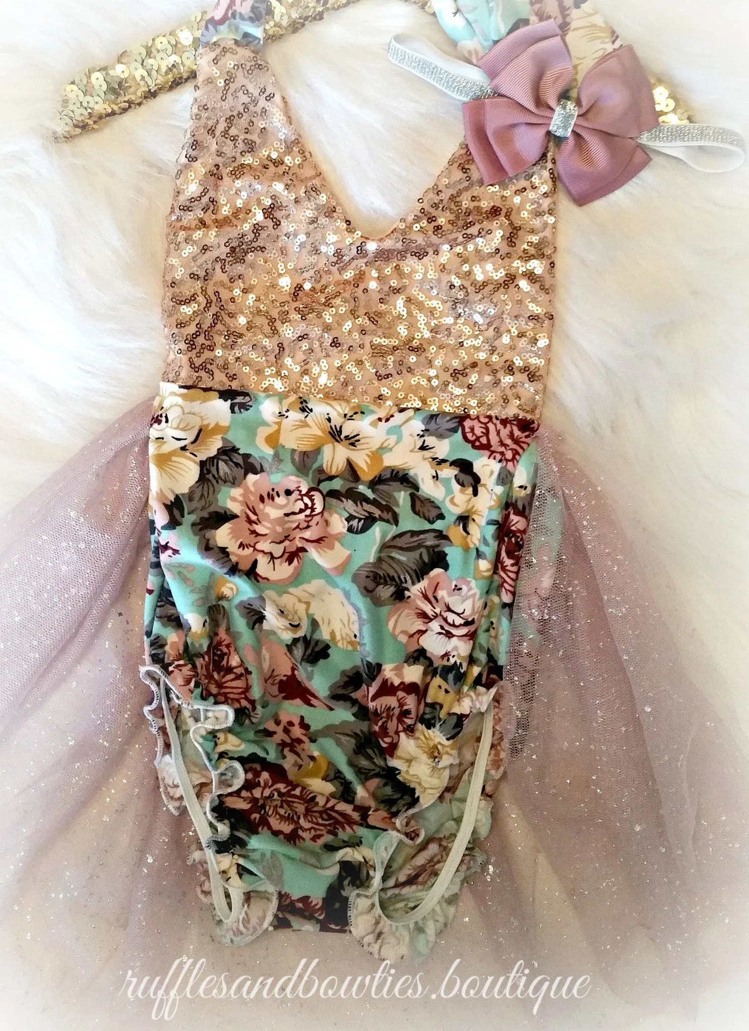 Aqua, Dusty Mauve & Gold Sequin Floral Vintage Tutu Romper