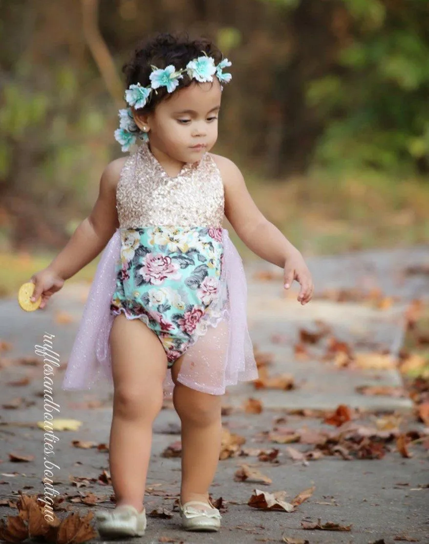 Aqua, Dusty Mauve & Gold Sequin Floral Vintage Tutu Romper