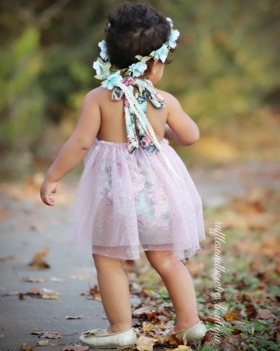 Aqua, Dusty Mauve & Gold Sequin Floral Vintage Tutu Romper