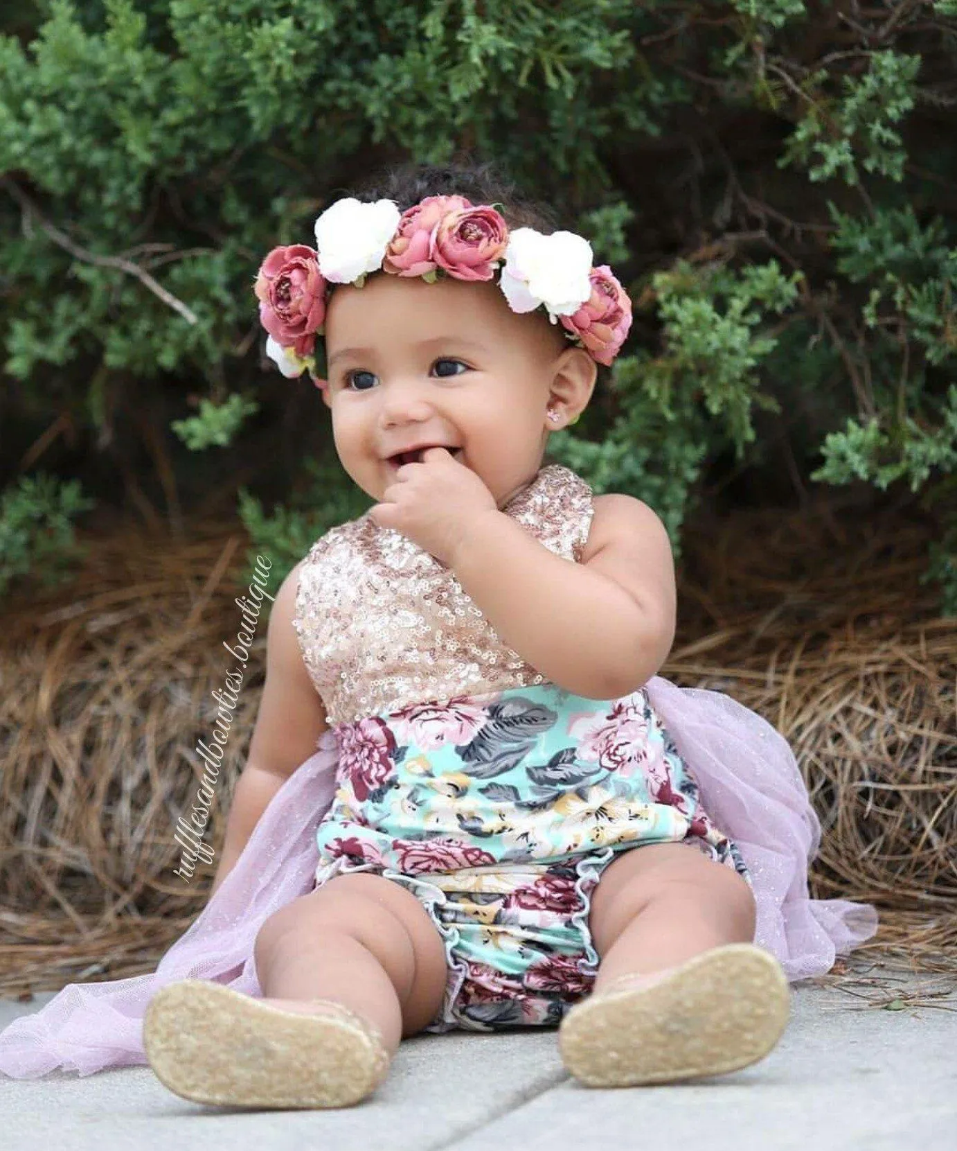 Aqua, Dusty Mauve & Gold Sequin Floral Vintage Tutu Romper