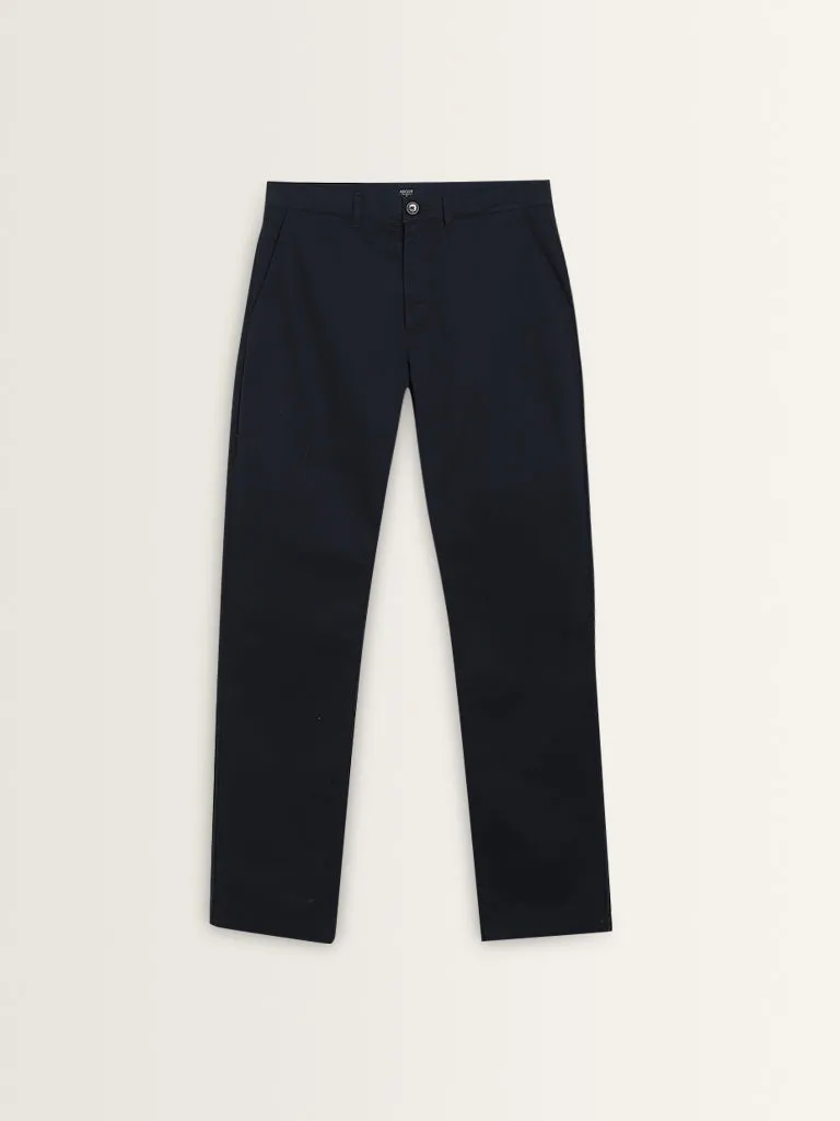 Ascot Navy Solid Relaxed-Fit Mid-Rise Cotton Blend Chinos