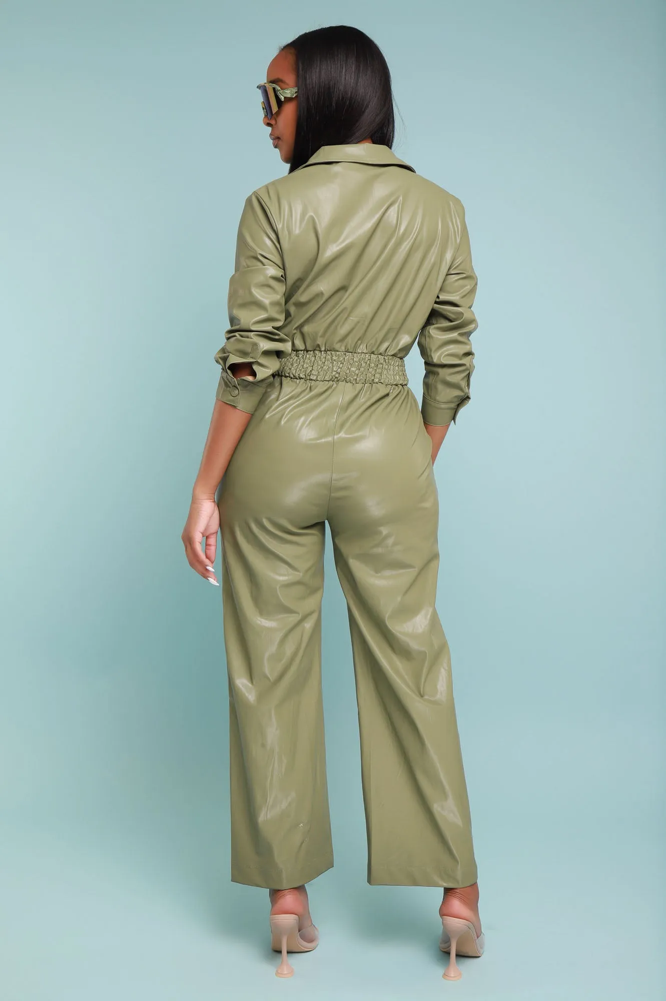 Back To Us Faux Leather Jumpsuit - Sage