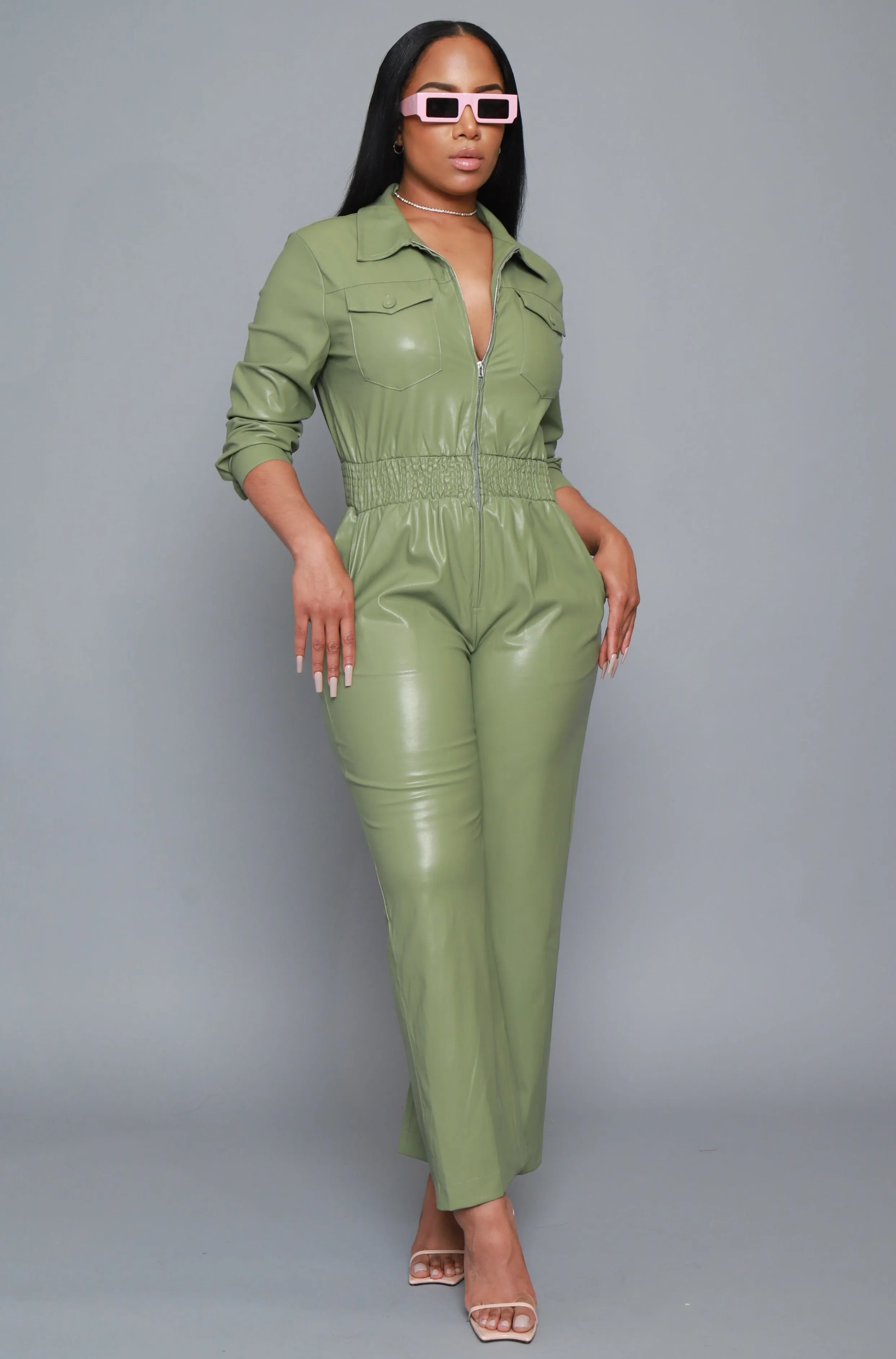 Back To Us Faux Leather Jumpsuit - Sage