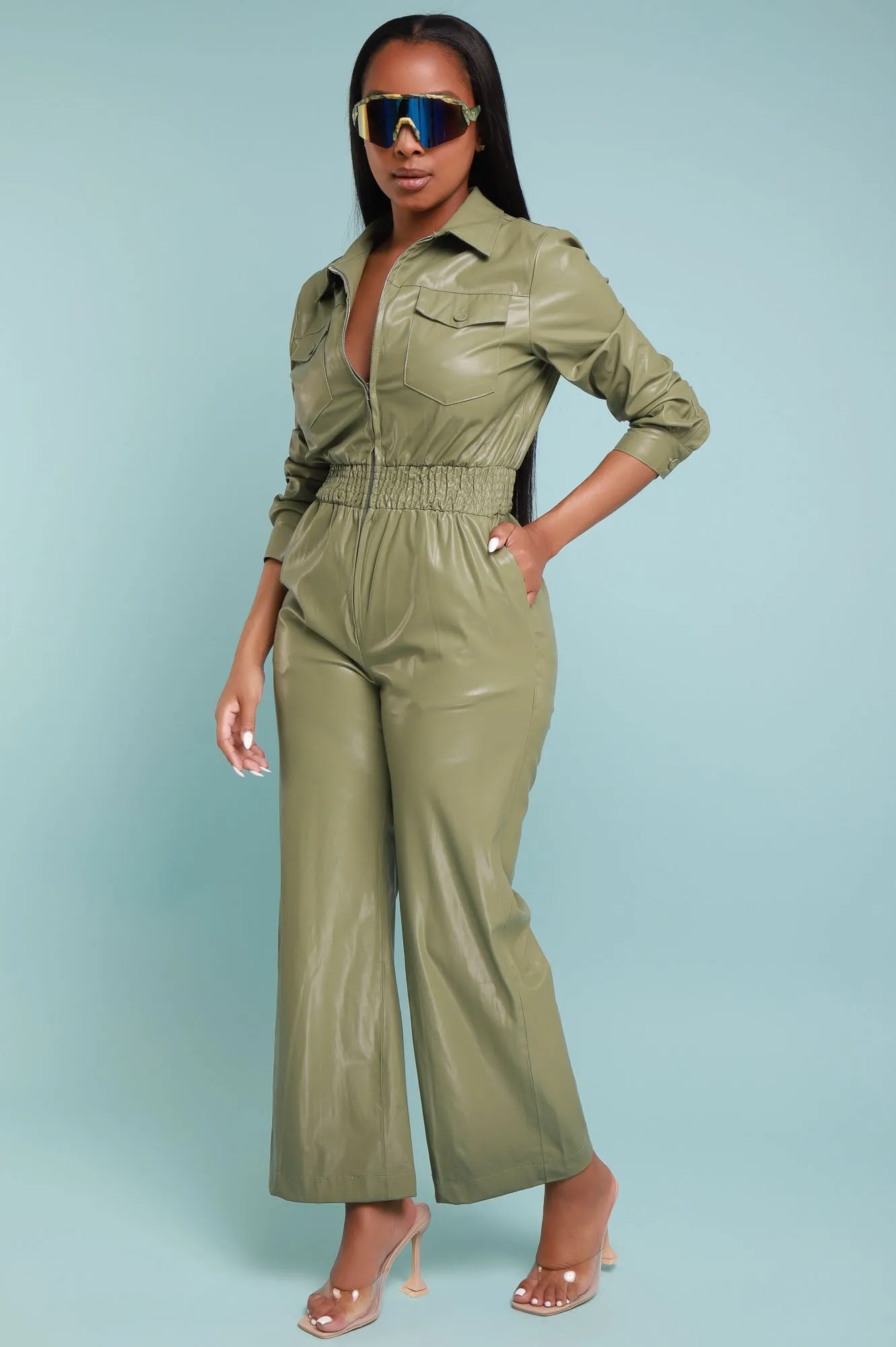 Back To Us Faux Leather Jumpsuit - Sage