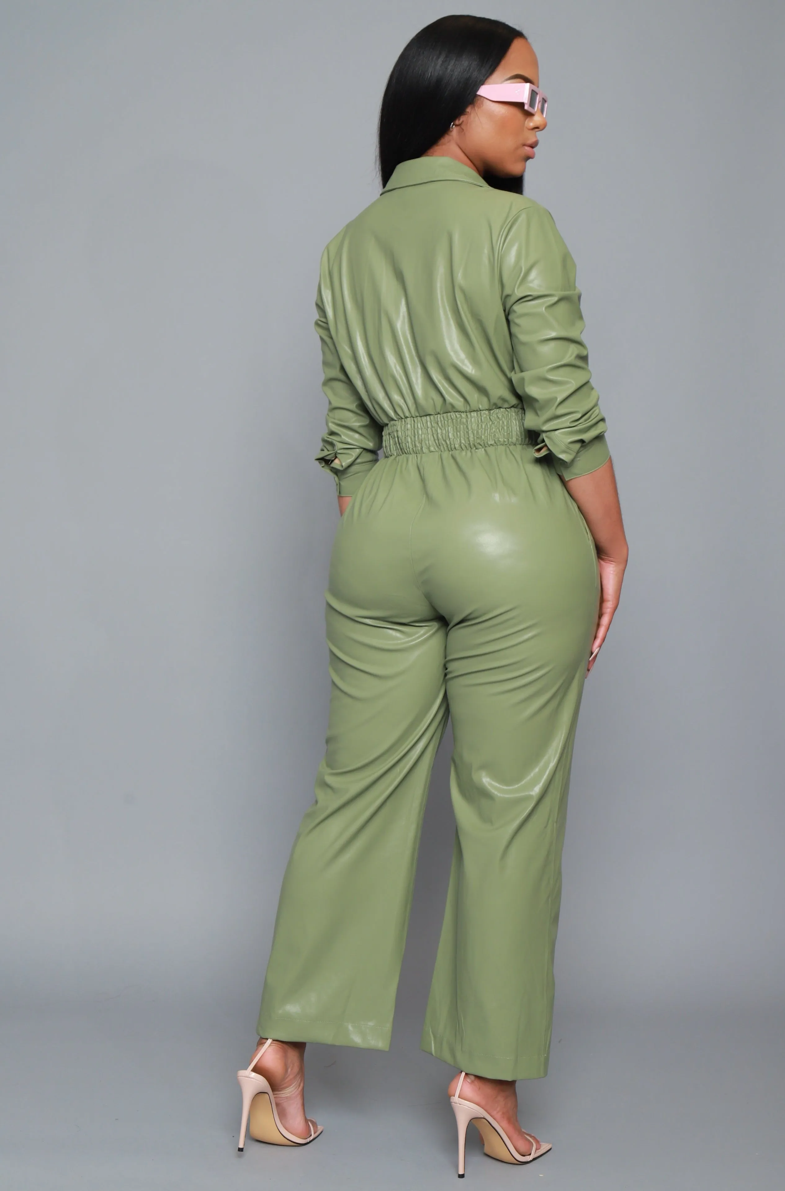 Back To Us Faux Leather Jumpsuit - Sage