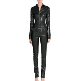 Black Women's Designer Leather Jumpsuit with Belted Waist