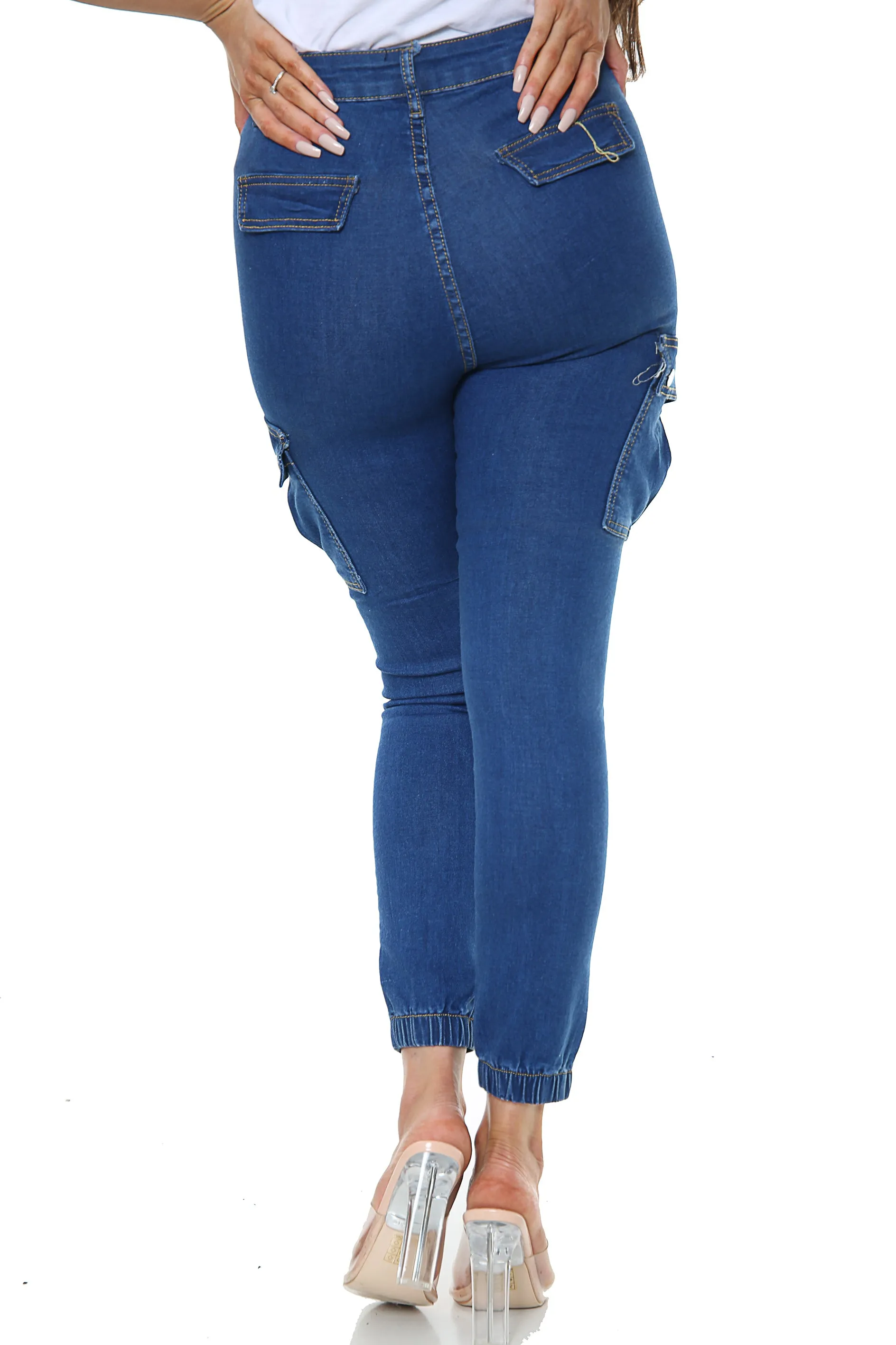 Blue Ladies High waisted Cargo Jeans