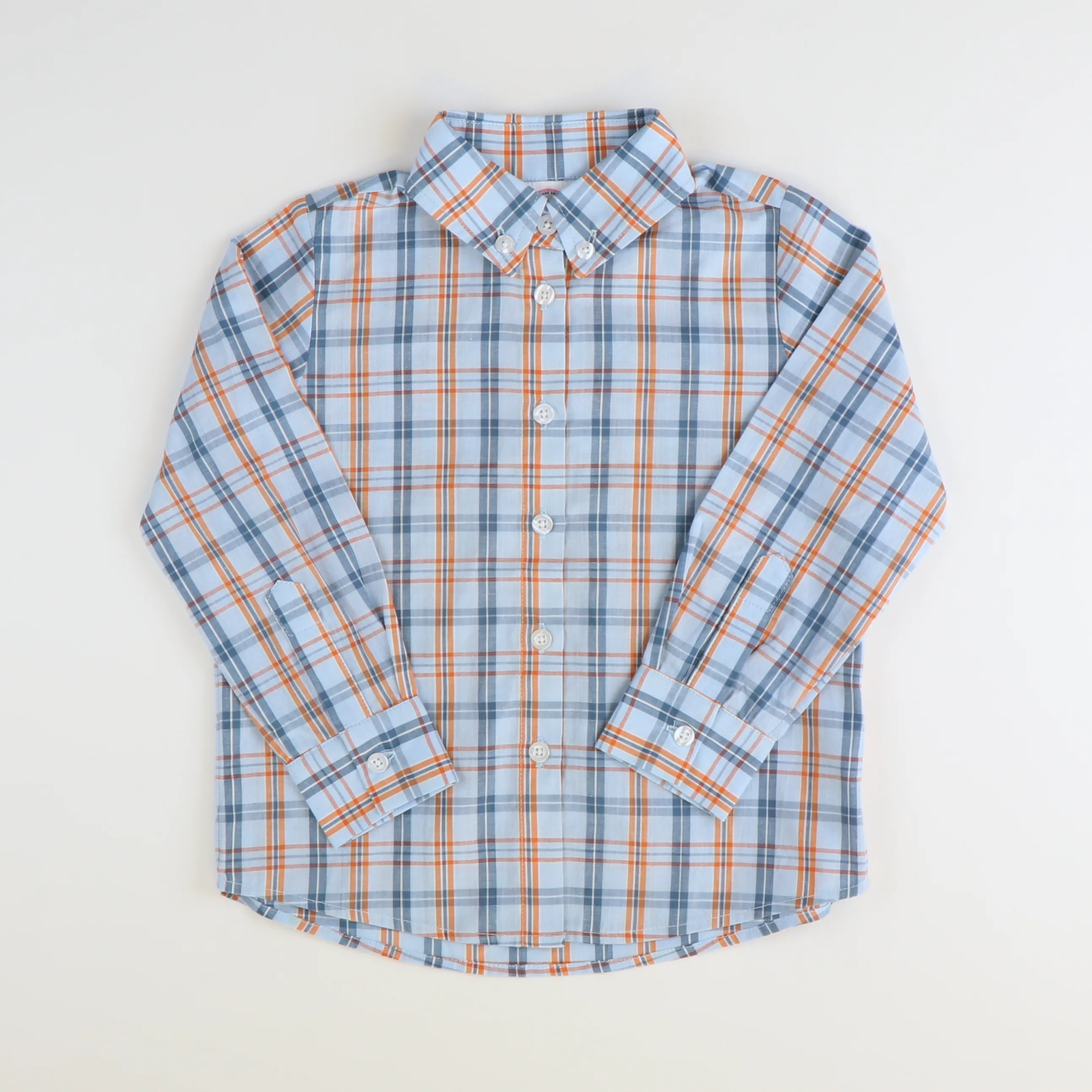 Boys L/S Button Down Shirt - Orange & Blue Plaid