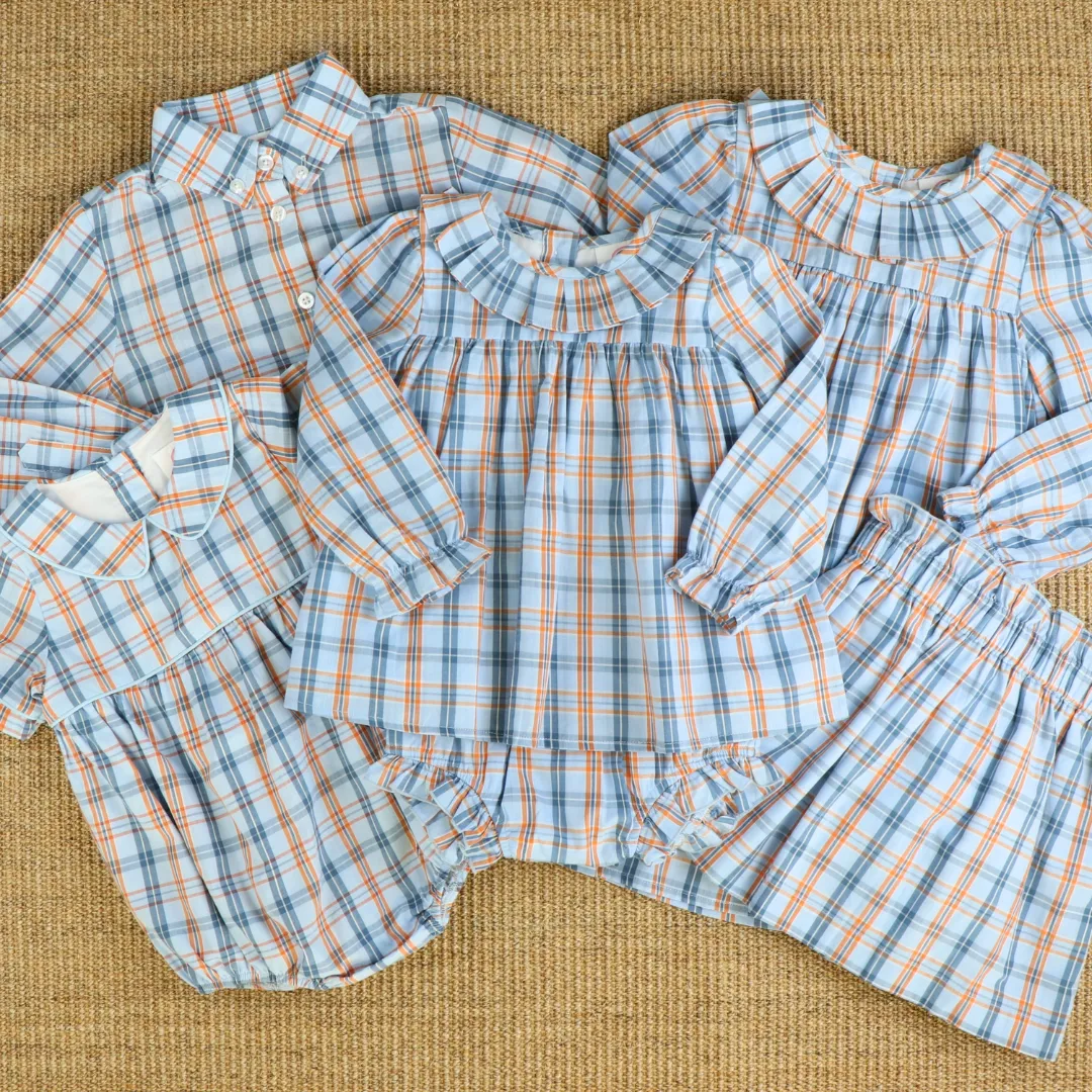 Boys L/S Button Down Shirt - Orange & Blue Plaid