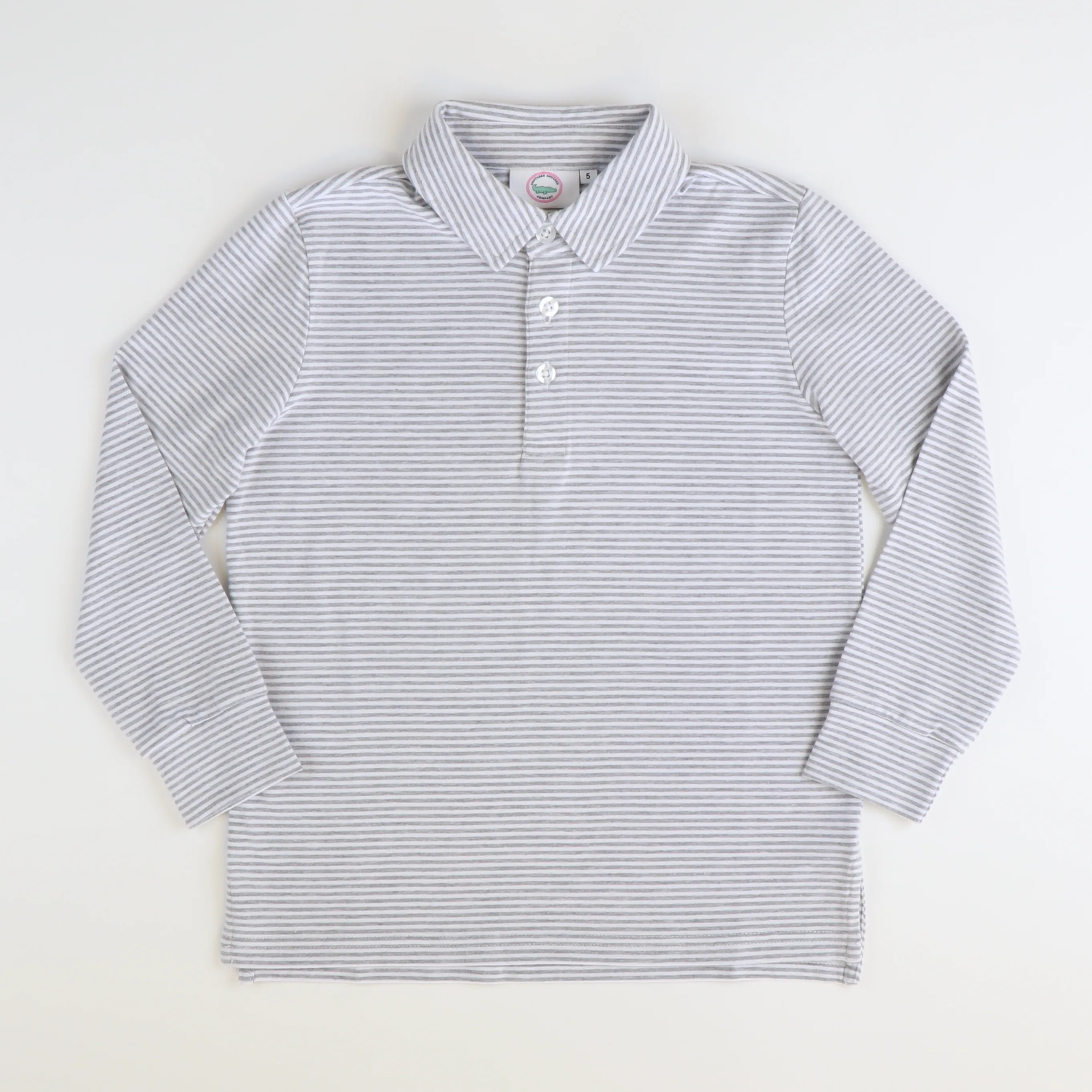 Boys Signature L/S Knit Polo - Gray & White Thin Stripe