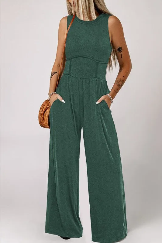 *Cinched Waist Sleeveless Wide Leg Jumpsuit