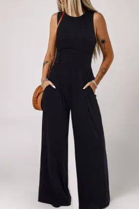 *Cinched Waist Sleeveless Wide Leg Jumpsuit