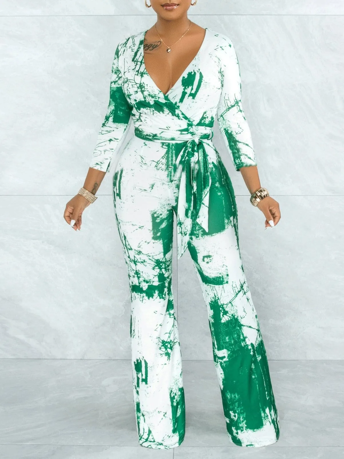 Colorful Tie-Dye V-Neck Jumpsuit with Wide Leg