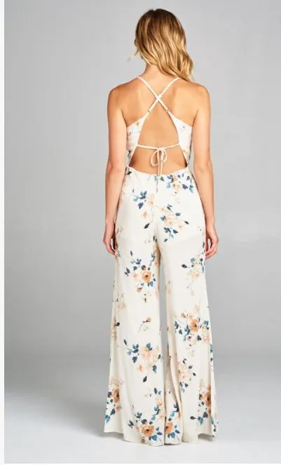 Cream Floral Open Back Jumpsuit