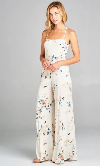 Cream Floral Open Back Jumpsuit