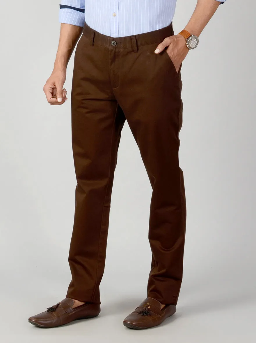 Dark Brown Self Textured Slim Fit Casual Trouser | JadeBlue