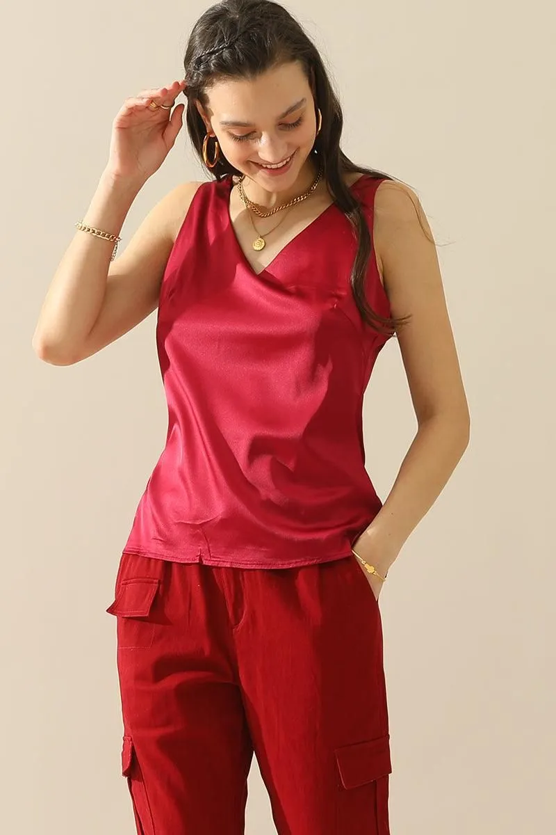 DEEP V NECK SATIN SLEEVELESS TUNIC TOP