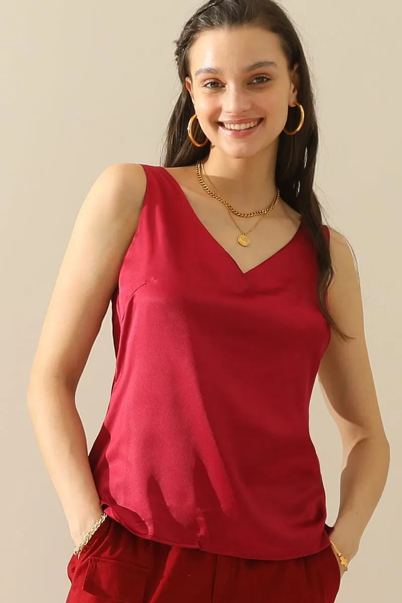 DEEP V NECK SATIN SLEEVELESS TUNIC TOP