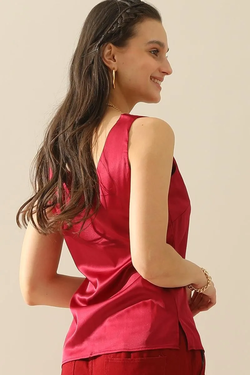 DEEP V NECK SATIN SLEEVELESS TUNIC TOP