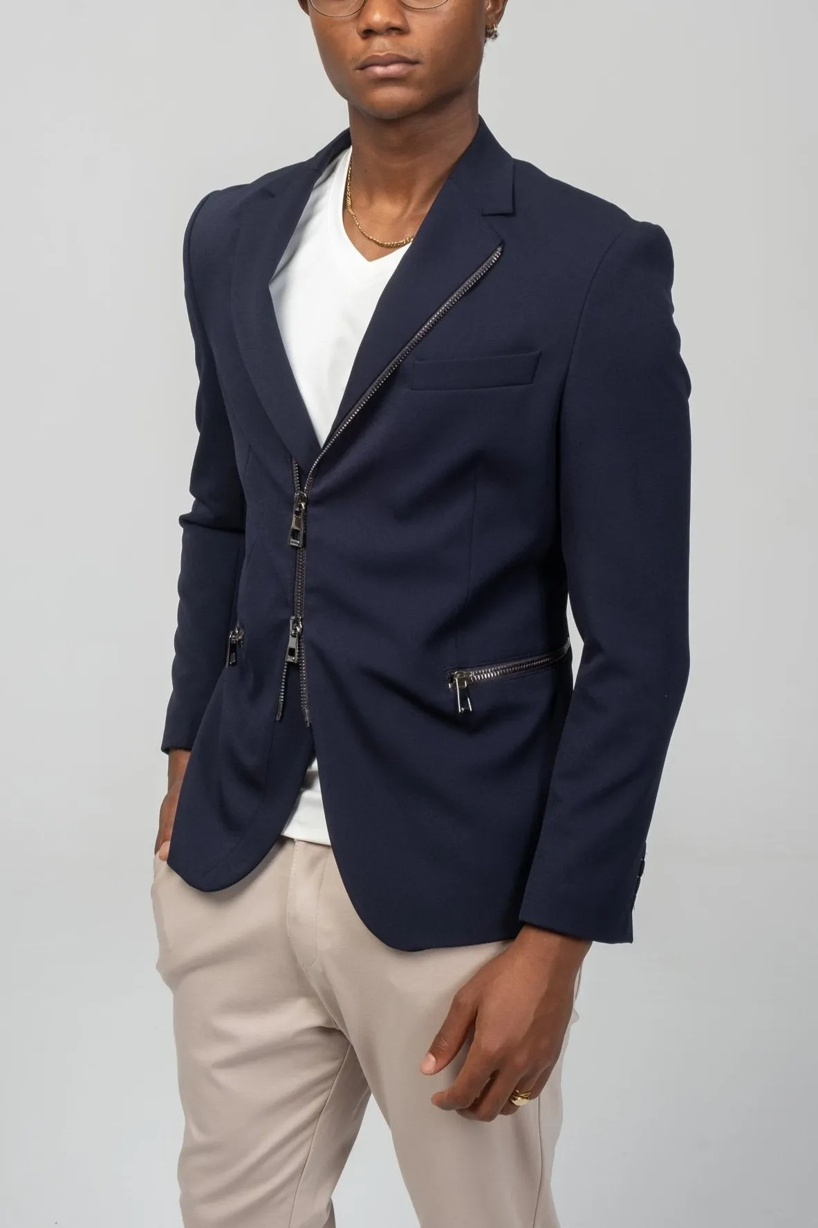 Everyday Two Way Zipper Blazer -  Navy