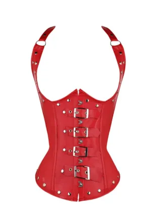 Halter Sexy Corset in Red Pu Leather with Punk Rivets and Buckles