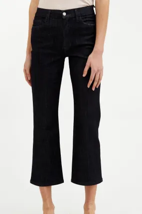 HIGH RISE SOFT FLARE CROP-CUT FIVE POCKET PANT IN DARK WASH DENIM