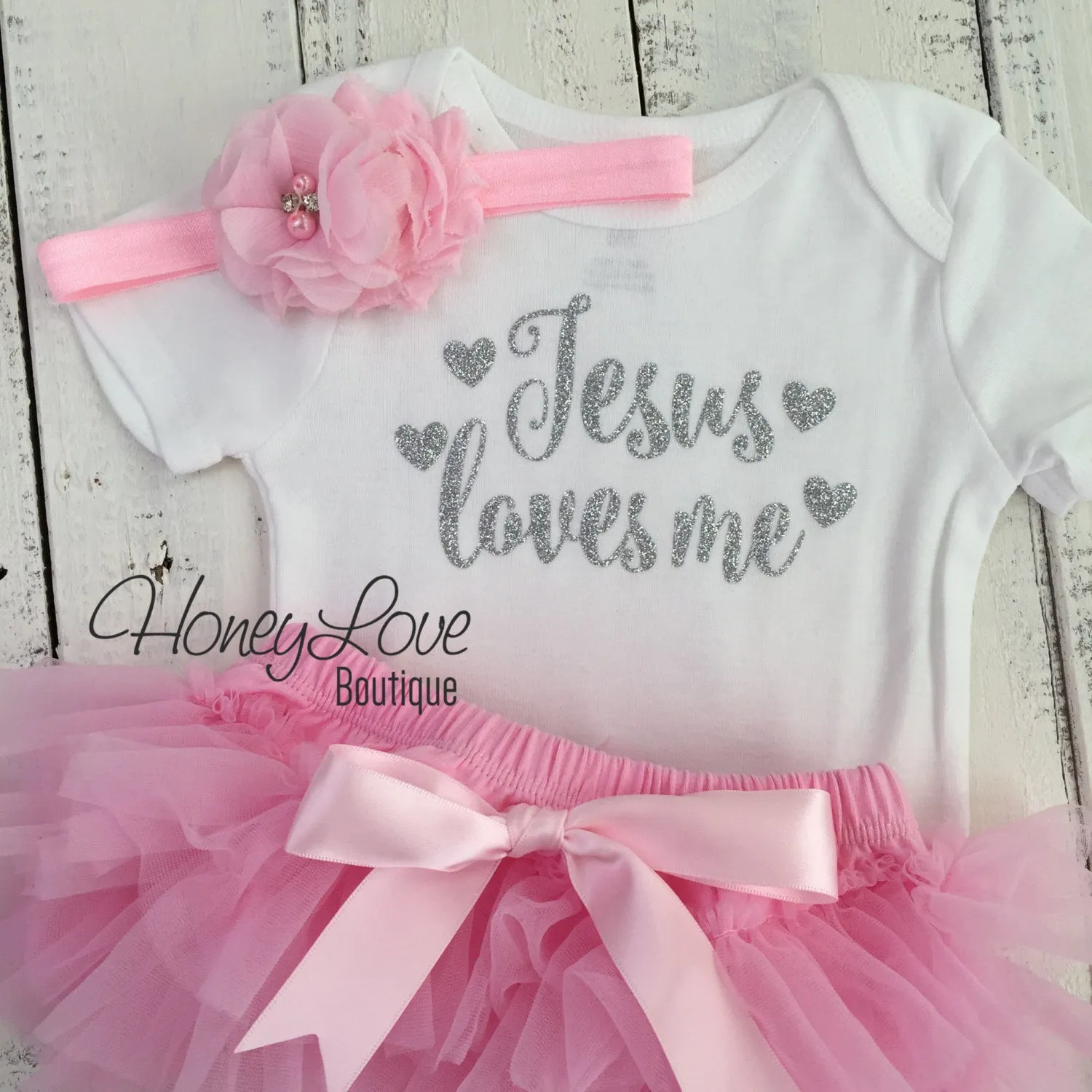 Jesus loves me Outfit Set - Silver/Gold glitter and Light Pink