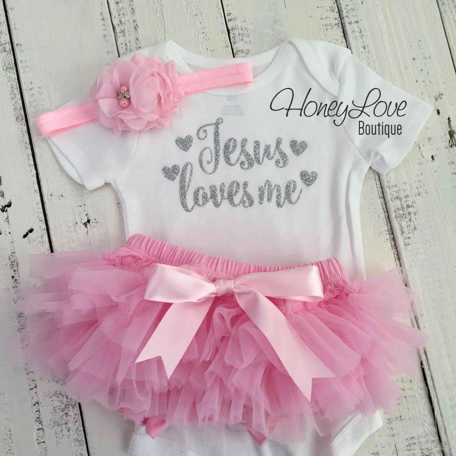 Jesus loves me Outfit Set - Silver/Gold glitter and Light Pink