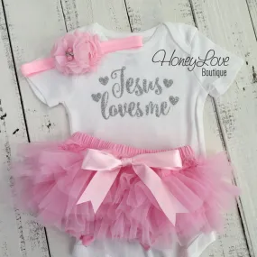 Jesus loves me Outfit Set - Silver/Gold glitter and Light Pink