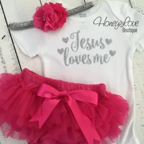 Jesus loves me Outfit Set - Silver/Gold glitter and Watermelon Pink