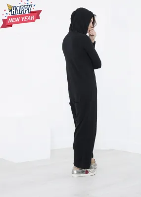 Knit Hooded Jumpsuit in Black