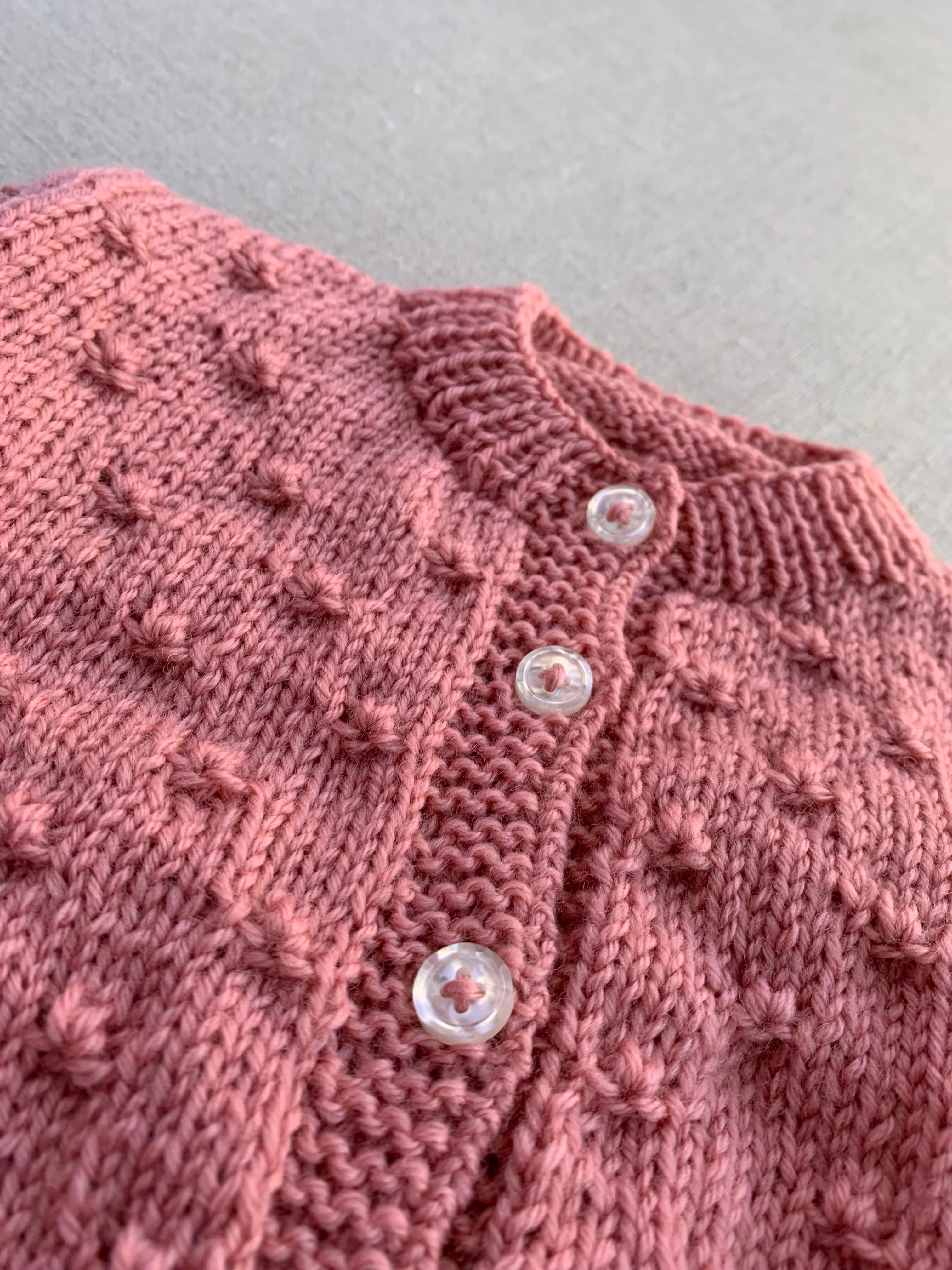 Knitted by Nana Bobble Stitch Cardigan Rose Petal 3-6M