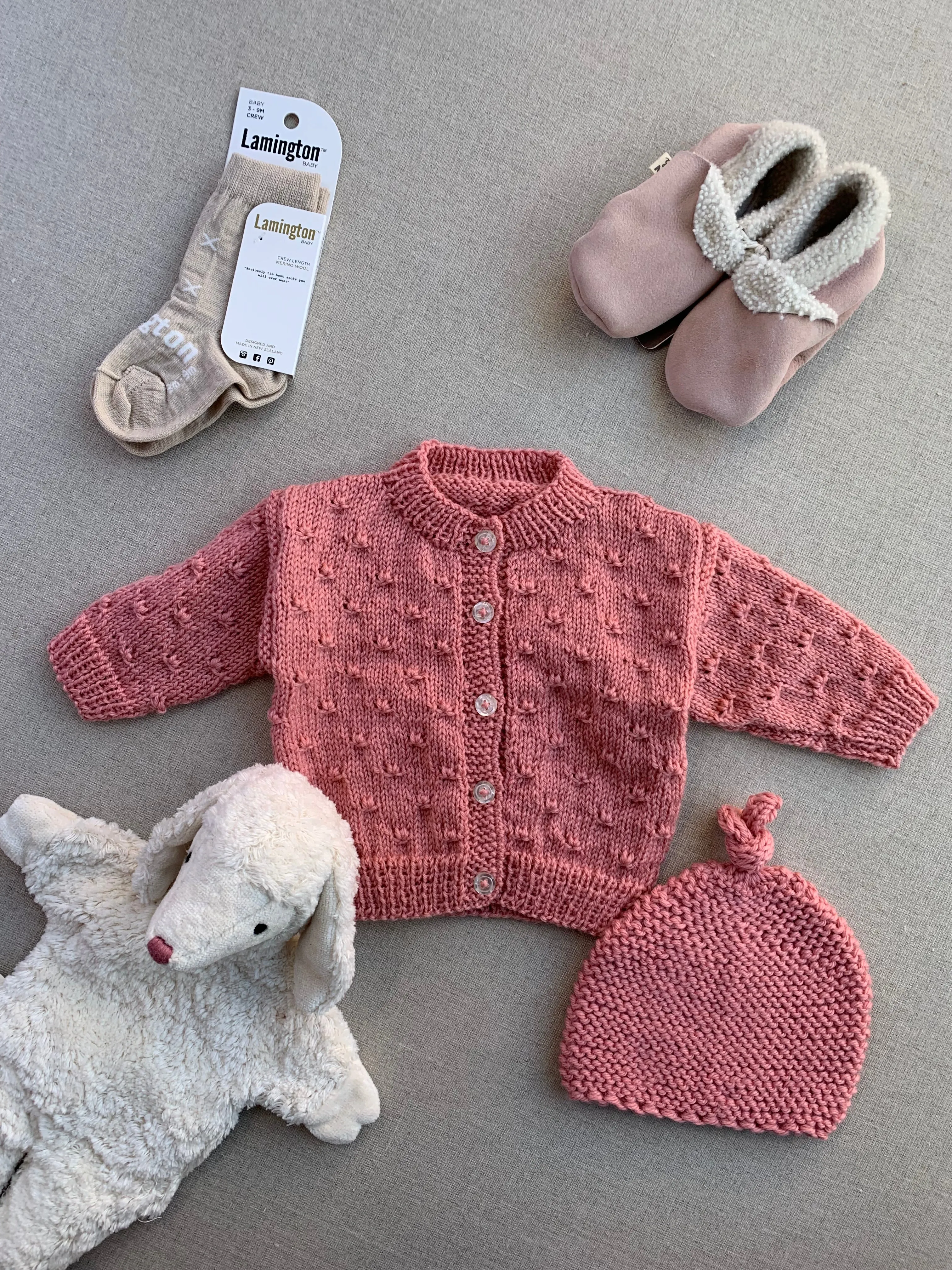 Knitted by Nana Bobble Stitch Cardigan Rose Petal 3-6M