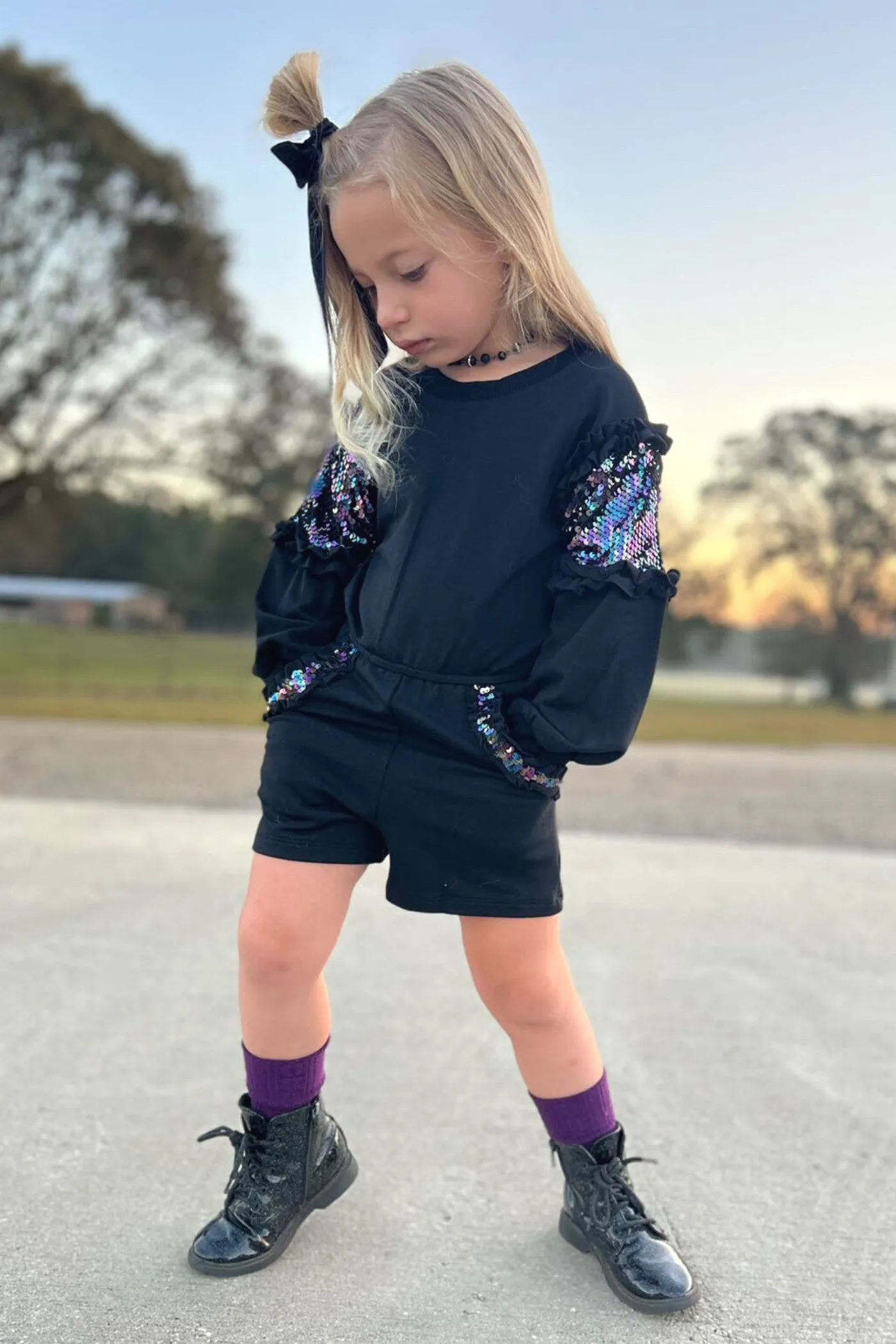 Little Girls Sequin Trimmed Long Sleeve Romper