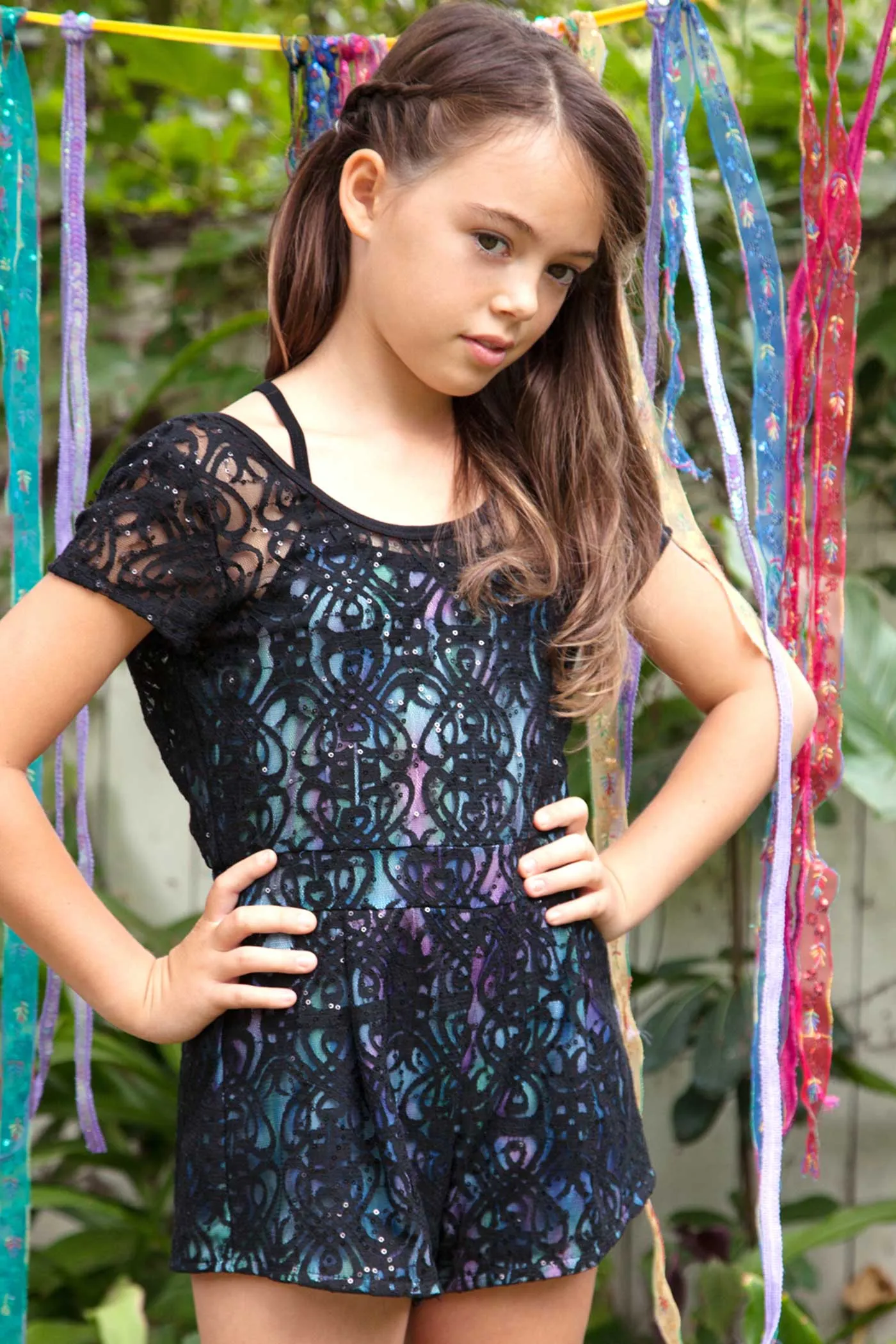 Little Girls Short Sleeve Lace Overlay Romper