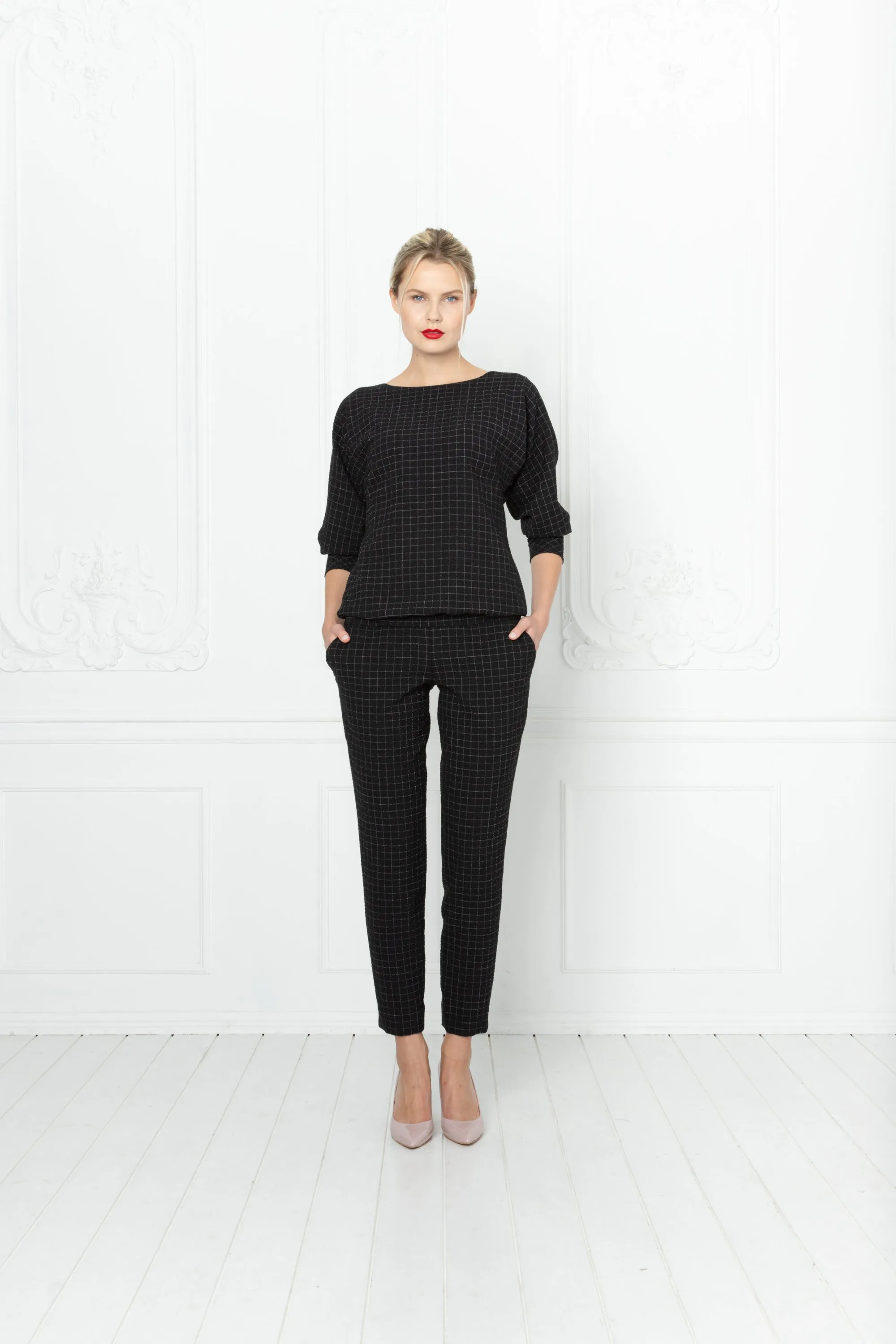 LITTORELLA BLACK PLAID WOOL SEERSUCKER JUMPSUIT