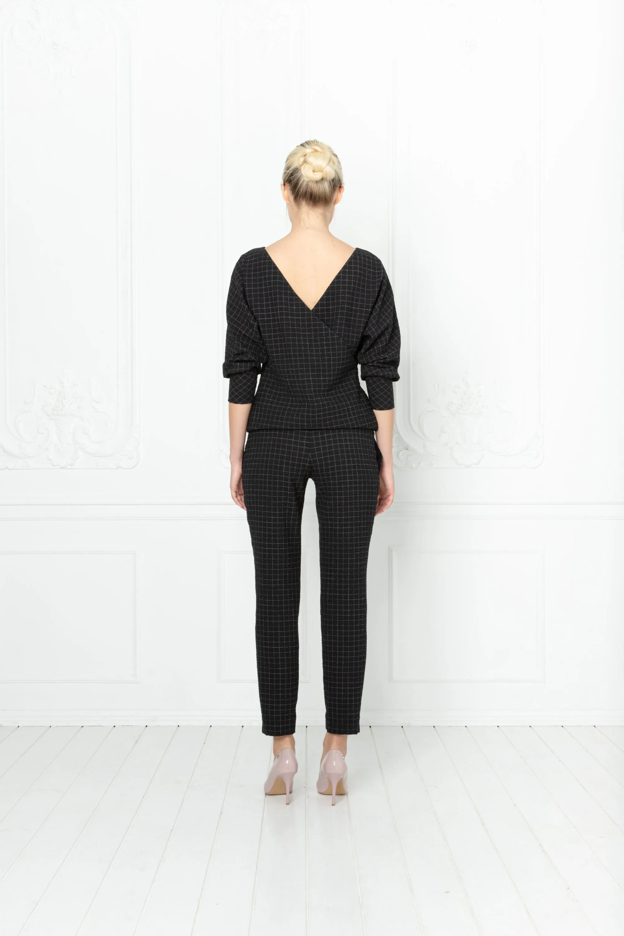 LITTORELLA BLACK PLAID WOOL SEERSUCKER JUMPSUIT