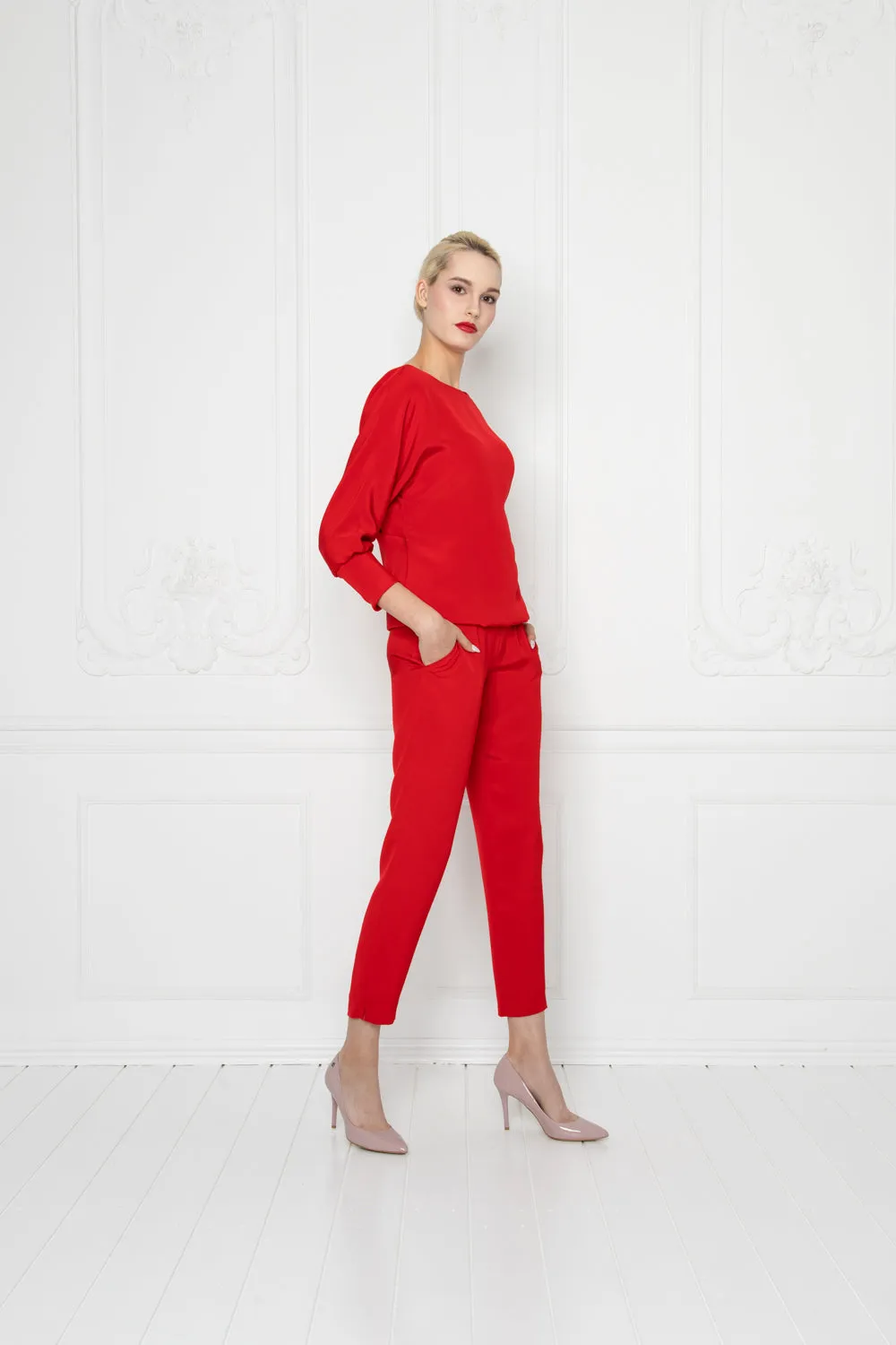 LITTORELLA RED SILK JUMPSUIT WITH AN OPEN BACK