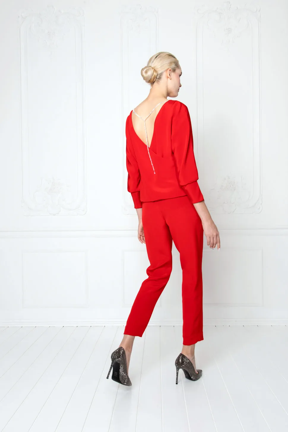 LITTORELLA RED SILK JUMPSUIT WITH AN OPEN BACK