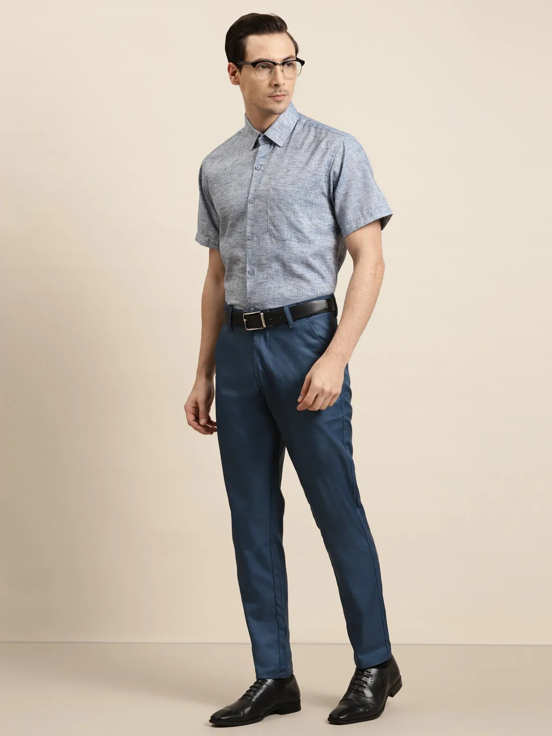 Men's Cotton Blend Russion Blue Classic Formal Shirt - Sojanya