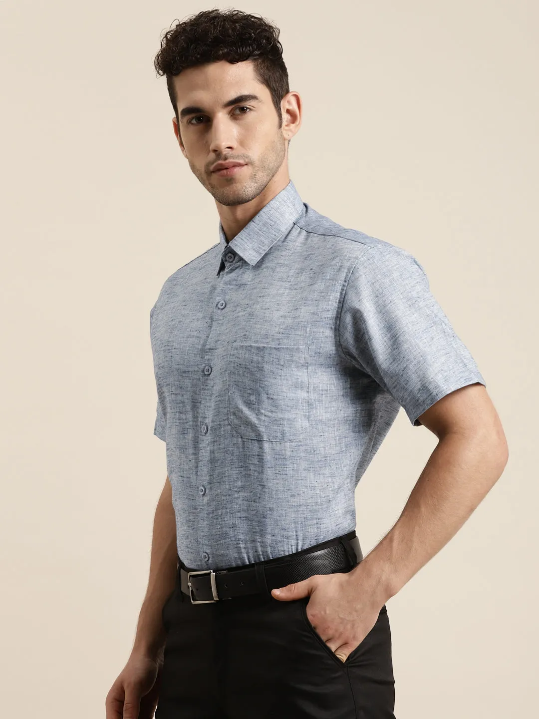 Men's Cotton Blend Russion Blue Half sleeves Casual Shirt