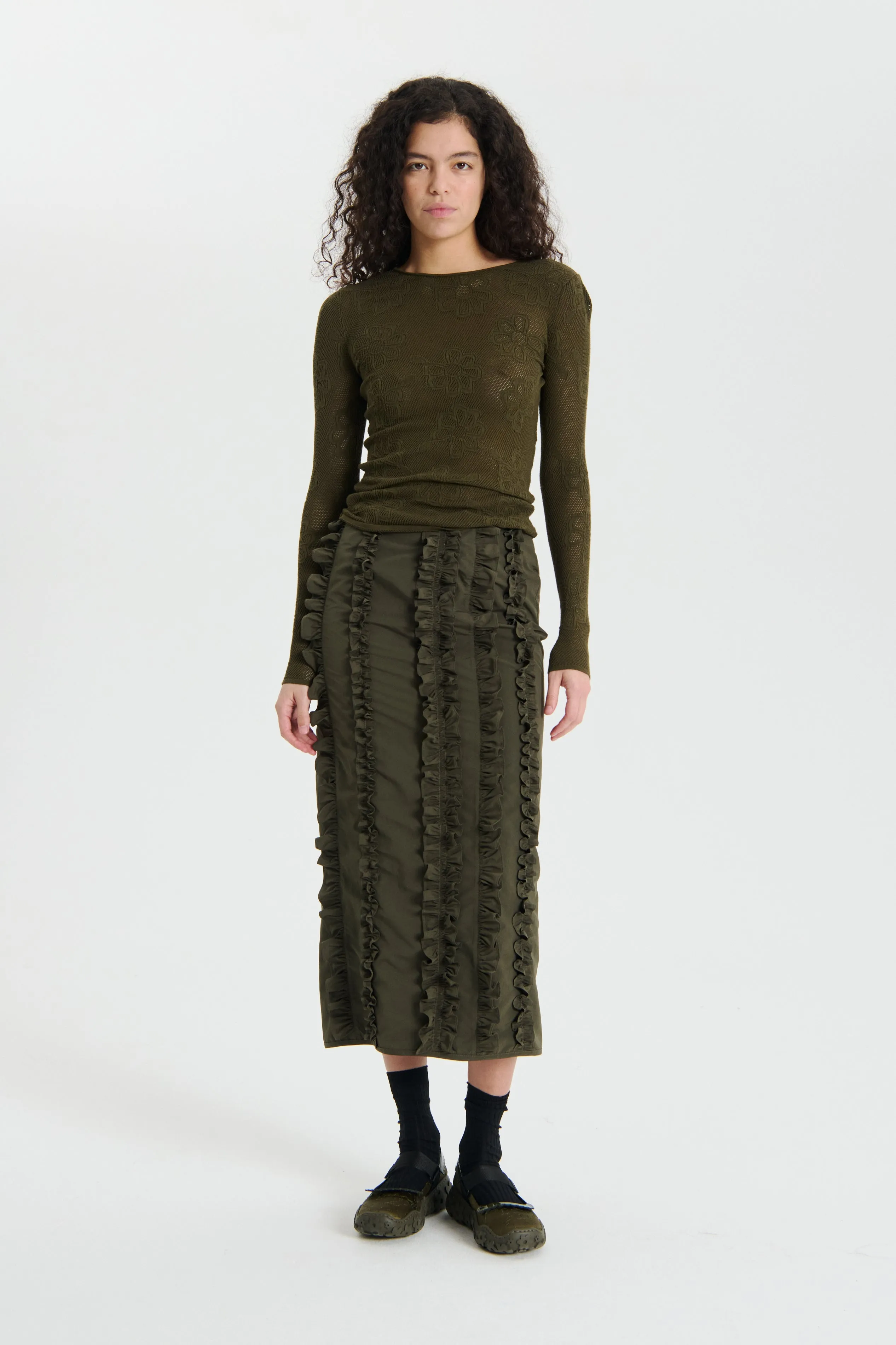 OLANI | TOP MESH FLORAL JACQUARD OLIVE