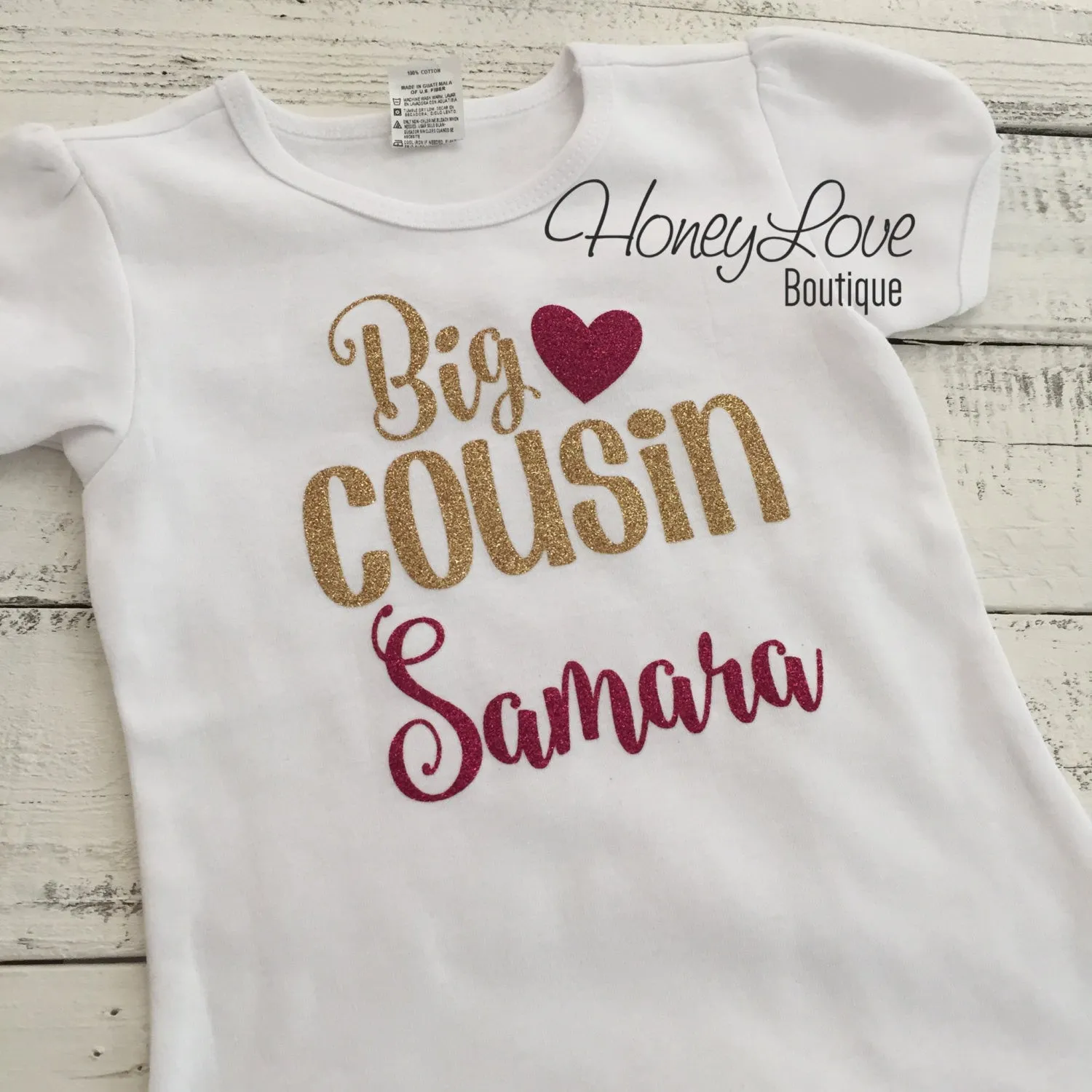 PERSONALIZED Cousin Bodysuits and Shirts - Gold Gllitter and Dark Pink Glitter