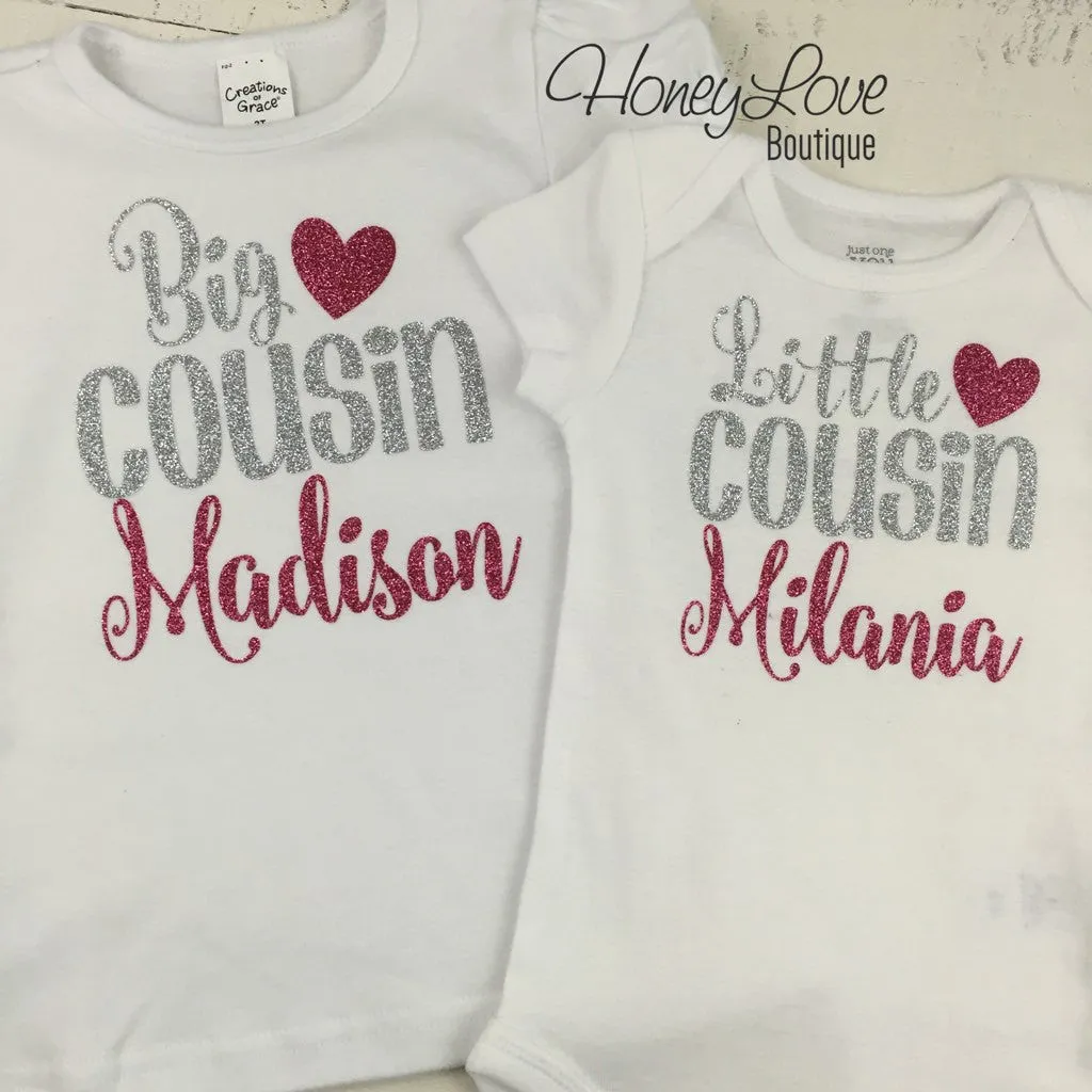 PERSONALIZED Cousin Bodysuits and Shirts - Silver Glitter and Dark Pink Glitter