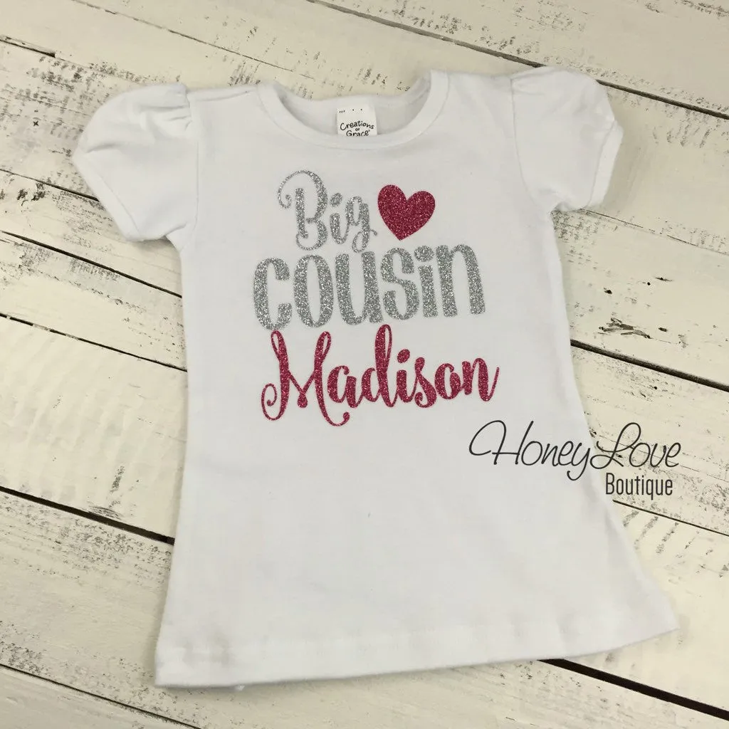 PERSONALIZED Cousin Bodysuits and Shirts - Silver Glitter and Dark Pink Glitter