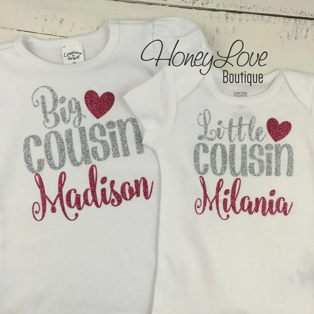 PERSONALIZED Cousin Bodysuits and Shirts - Silver Glitter and Dark Pink Glitter