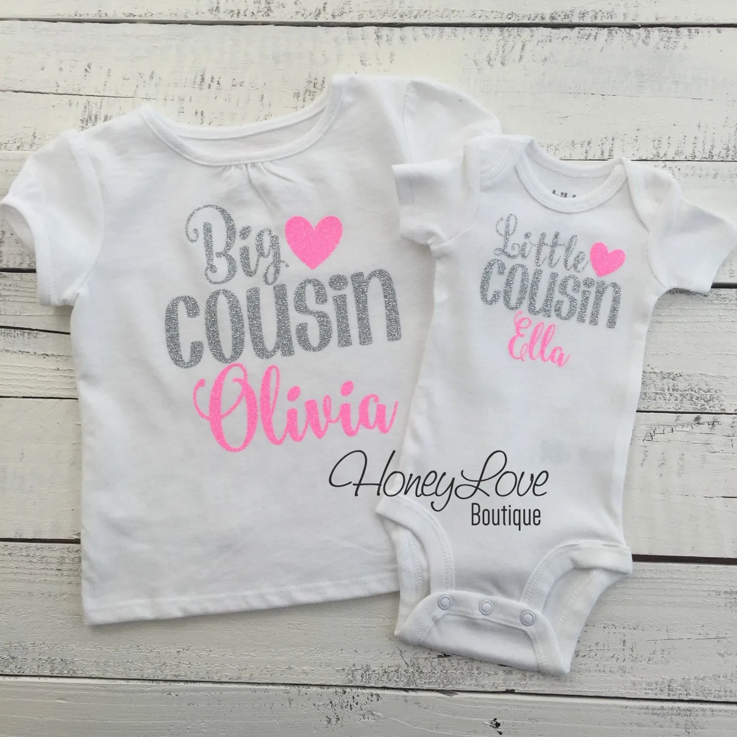 PERSONALIZED Cousin Bodysuits and Shirts - Silver Glitter and Neon Pink Glitter