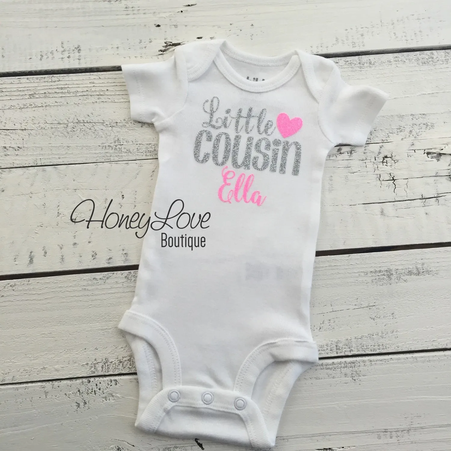 PERSONALIZED Cousin Bodysuits and Shirts - Silver Glitter and Neon Pink Glitter