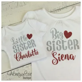 PERSONALIZED Sister Bodysuits and Shirts - Silver and Red Glitter